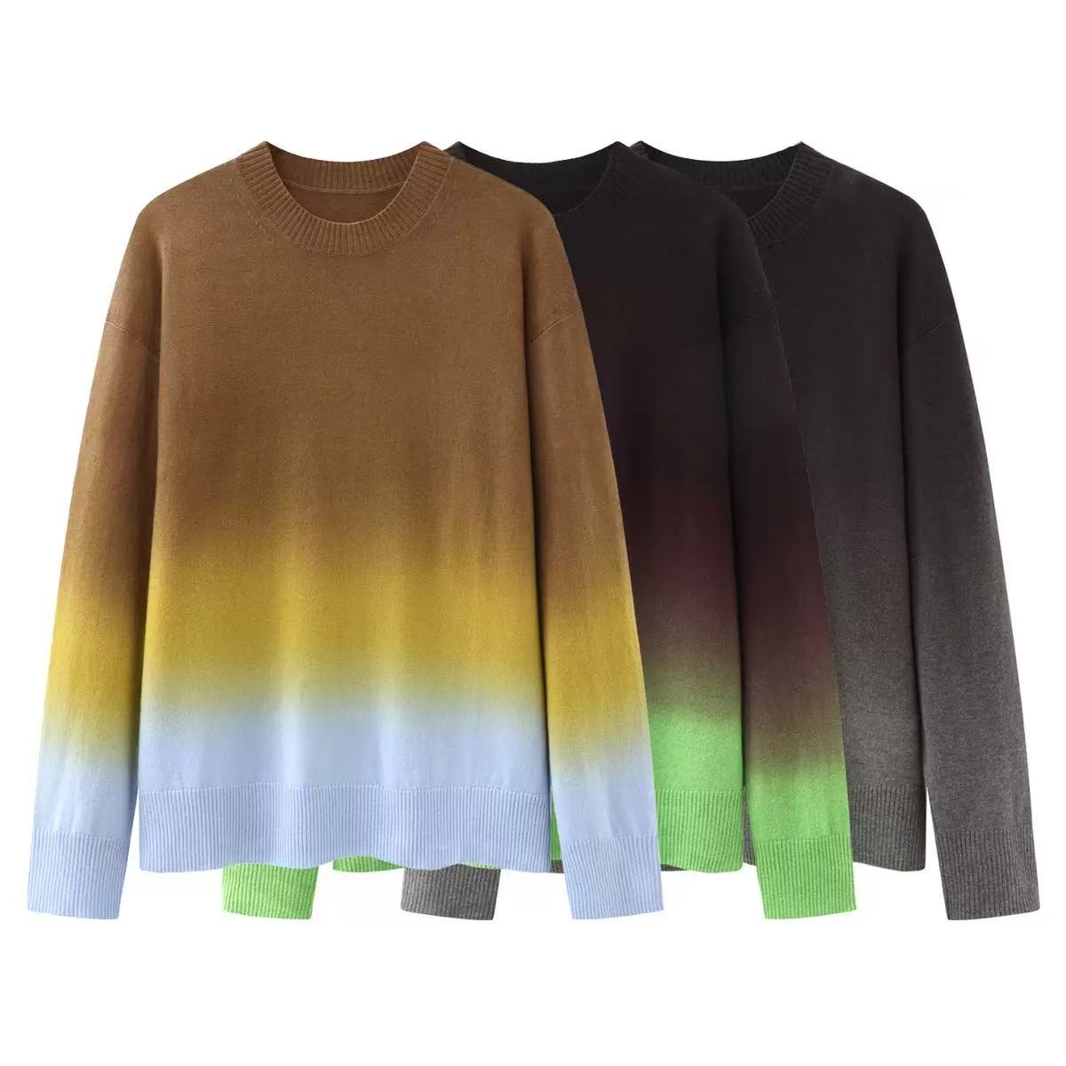 【江南优品】2025秋季新款复古渐变圆领针织女宽松百搭毛衣