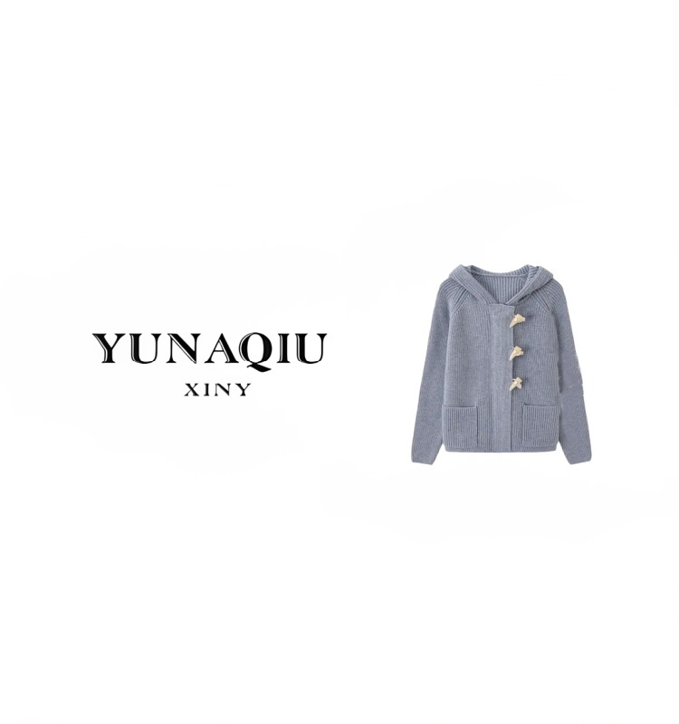 YUNAQIU-水泥灰粗针高克重牛角扣羊毛针织外套#9945