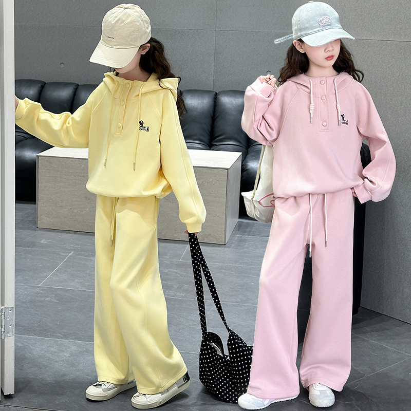 女童春季新款网红洋气连帽大童宽松韩版时髦百搭休闲套装