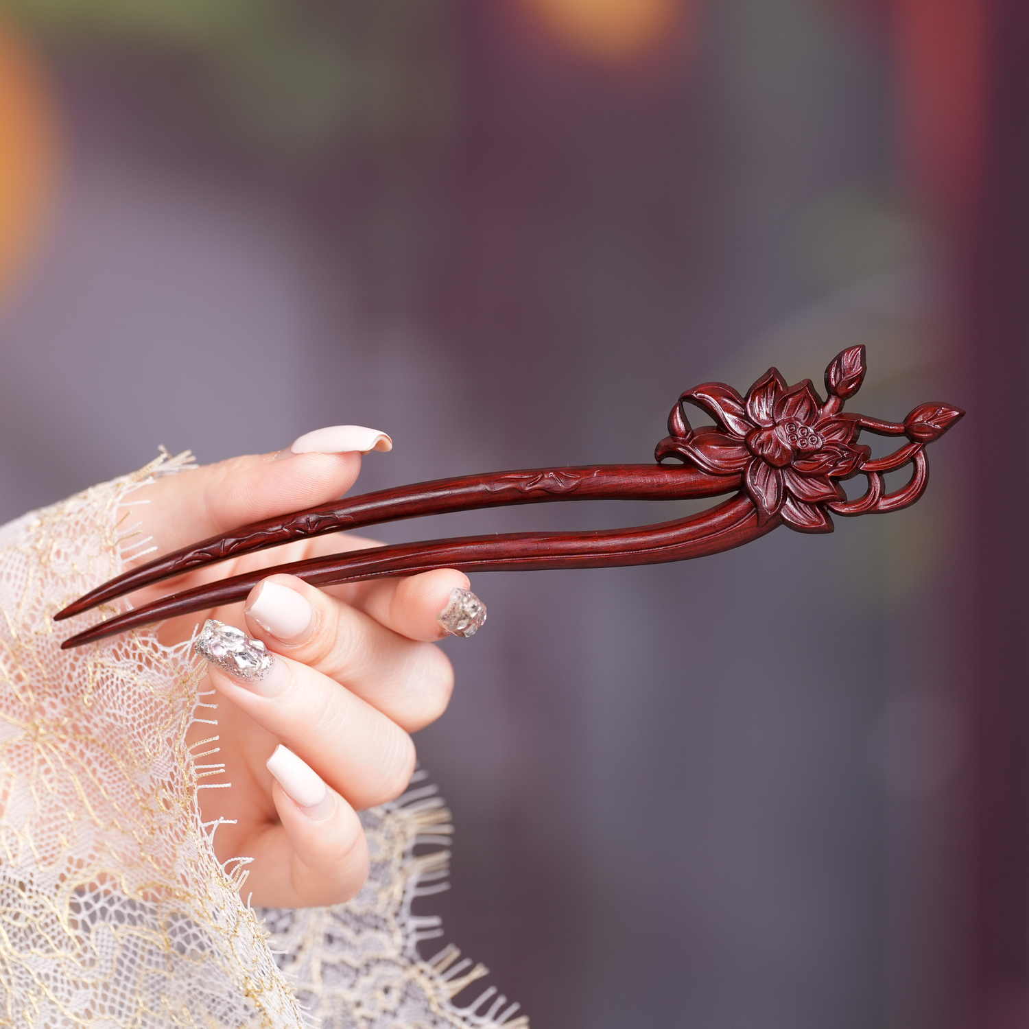 原创并蒂莲发簪新中式荷花檀木手工簪子女古风U形发钗古风高级感