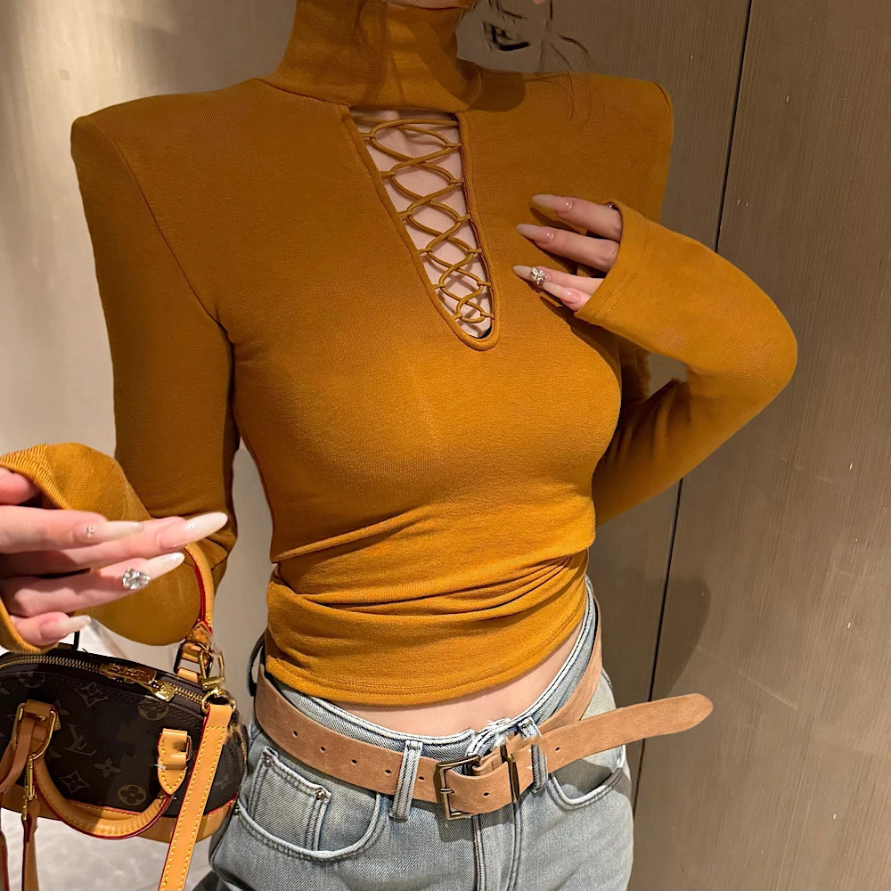 辣妹半高领镂空长袖打底衫T恤女秋冬新款加厚修身打底内搭女长袖