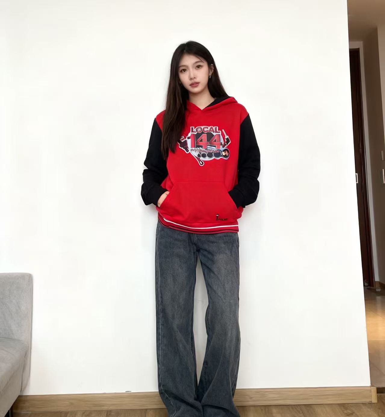 连帽休闲宽松加绒卫衣拼接情侣