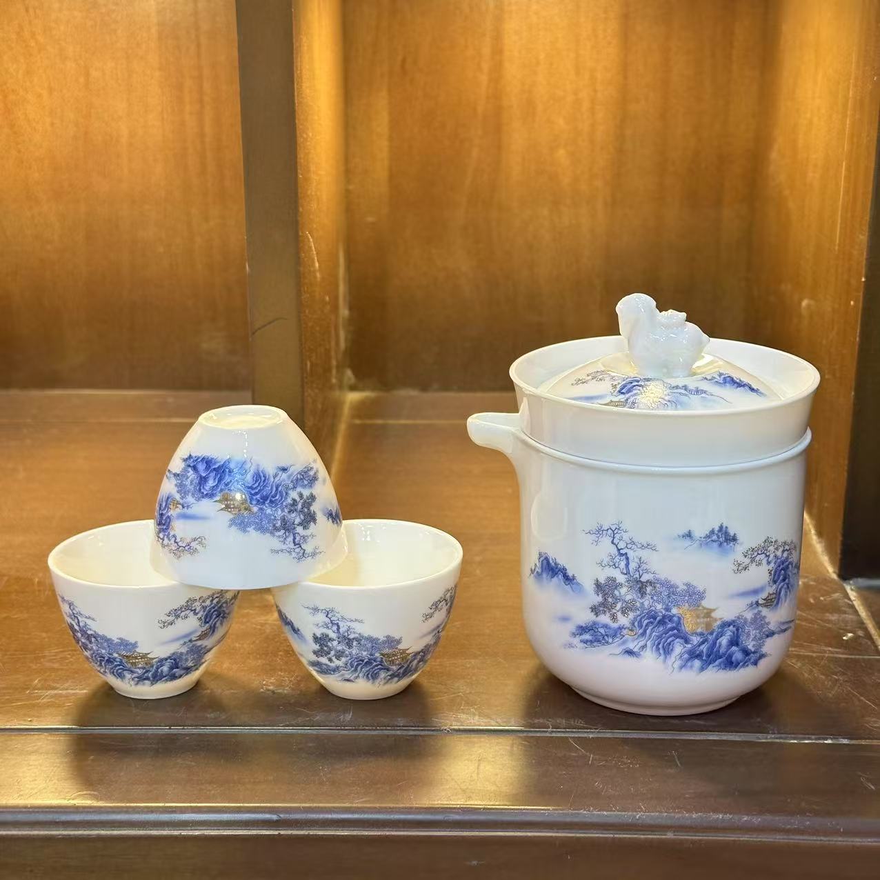 世外桃源山水白瓷一壶带三杯旅行套装5954