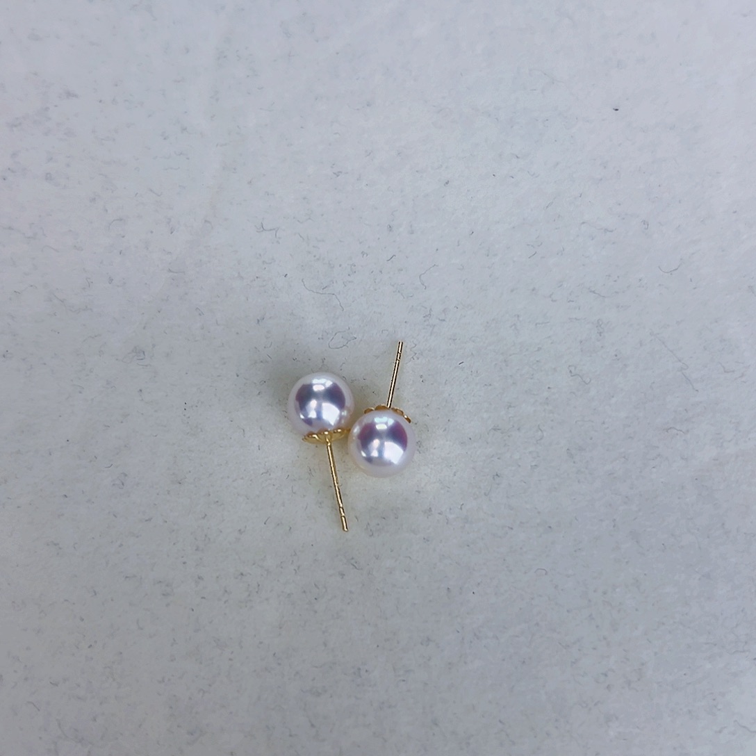 海水珍珠海水akoya天女耳钉7.5-8mm18K金镶嵌