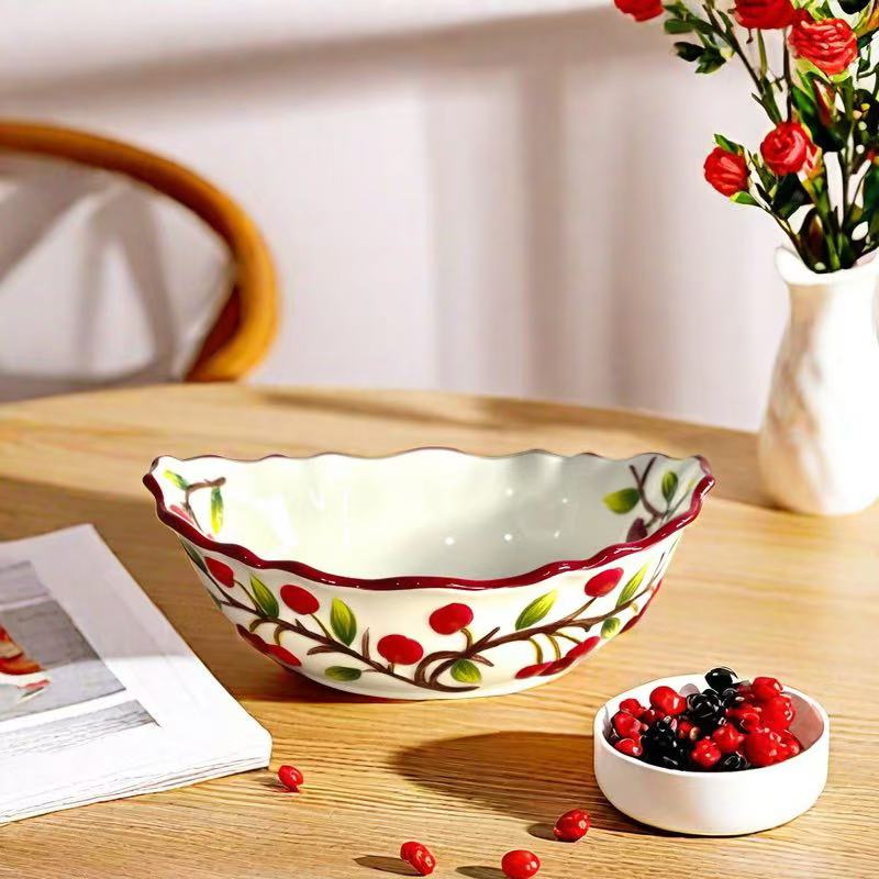 出口外单樱桃元宝碗陶瓷手绘浮雕釉下彩