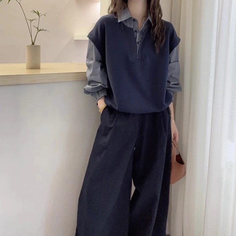 2025冬季时尚百搭格纹拼接宽松时尚POLO领休闲秋季衬衫长袖