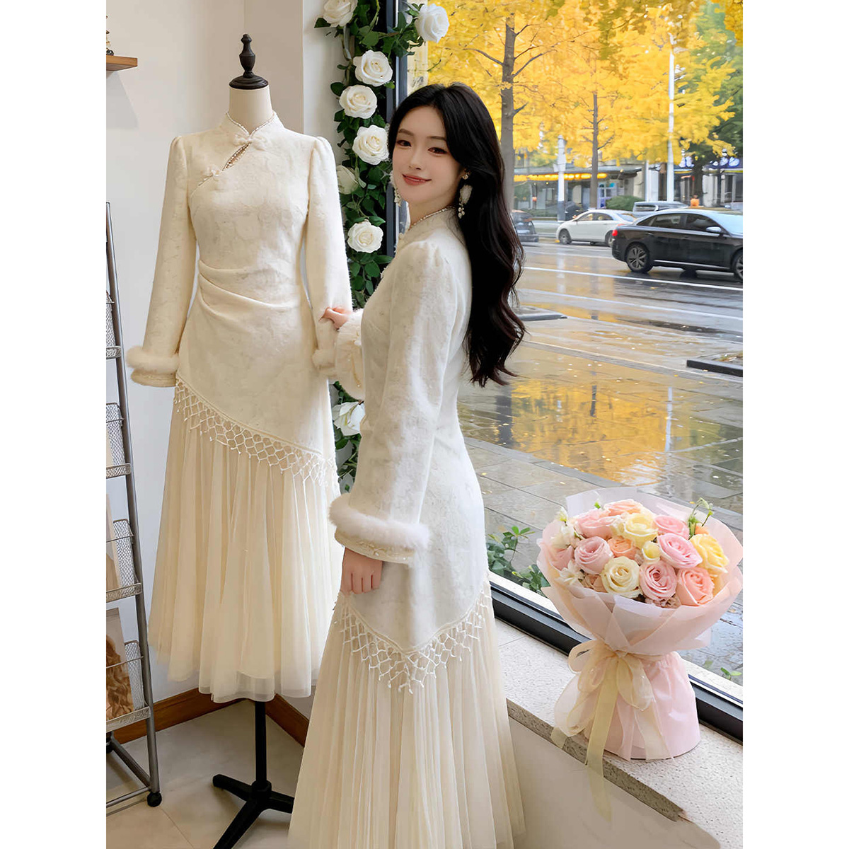 新中式温柔风网纱拼接假两件连衣裙特别漂亮国风改良旗袍裙2025冬