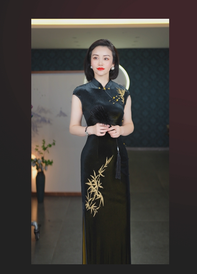 新款高端旗开得胜优雅长款黑色竹叶优雅旗袍秋冬婚宴中式女款宋锦