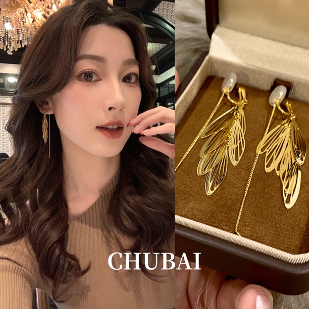 铜合金耳饰 【蜻蜓点水】金色无耳洞羽翼流苏气质高级感耳夹