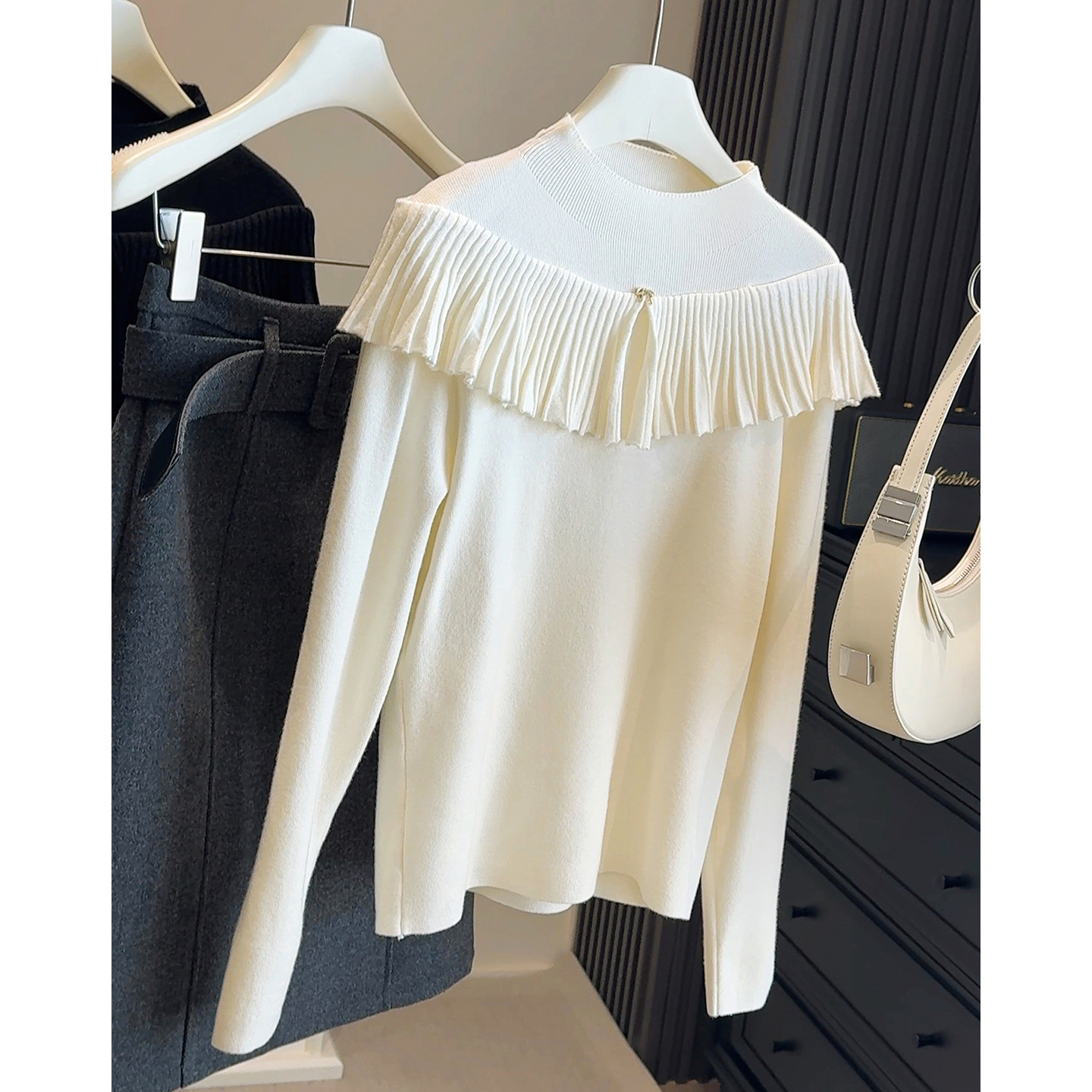 设计感荷叶边拼接半高领针织衫女2025秋冬蝴蝶结修身内搭打底毛衣