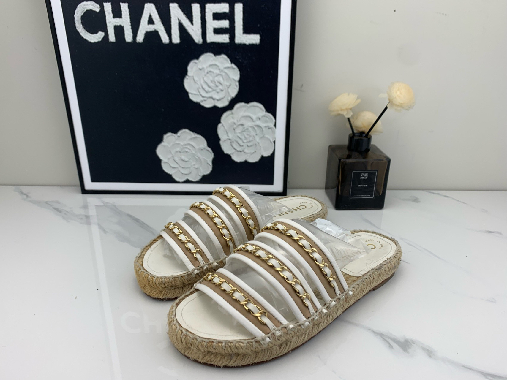 95新 Chanel/香奈儿 白金链条拖鞋 36码/jm00398