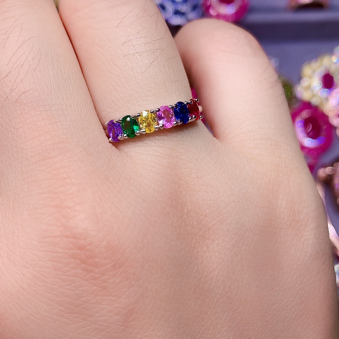 戒指彩色蓝宝石银S925镶嵌