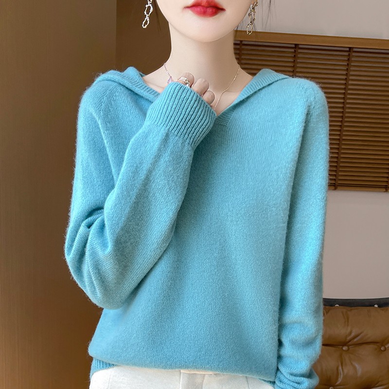 100%纯羊毛连帽针织衫女款秋冬帽衫时尚休闲绒衫百搭时尚外套