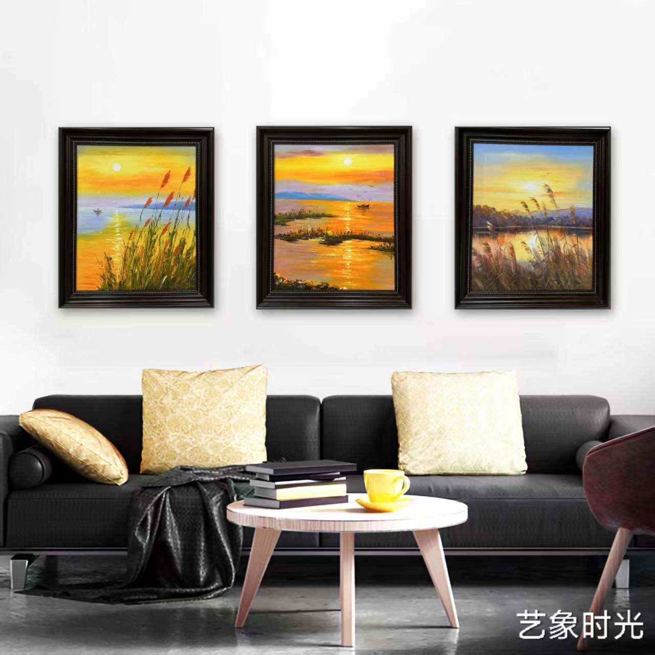 [日出系列]复古风景装饰画客厅玄关挂画遮挡神器三联画手绘油画