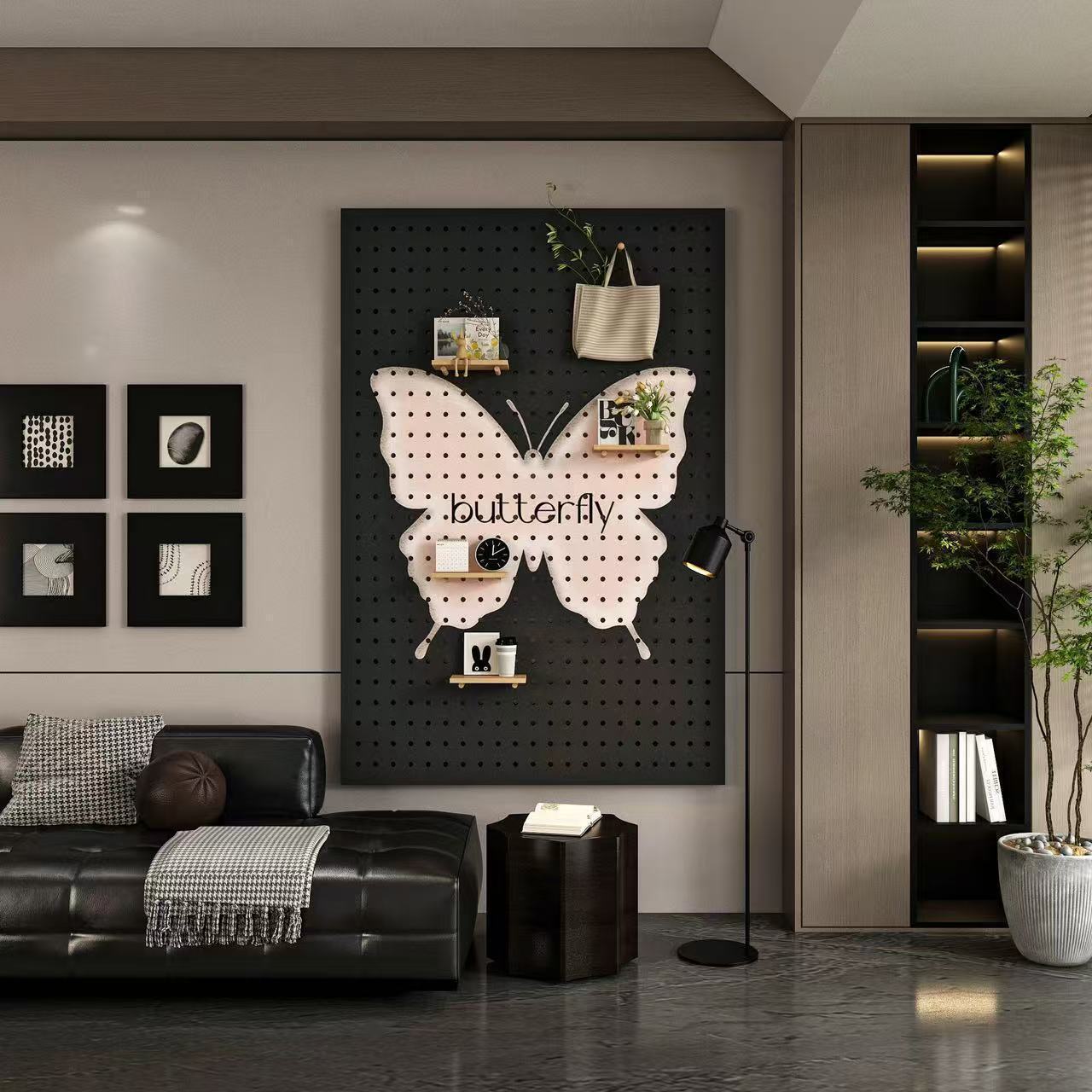 洞洞板置物架入户玄关造型墙墙面实木装饰蝴蝶客厅展示收纳架877