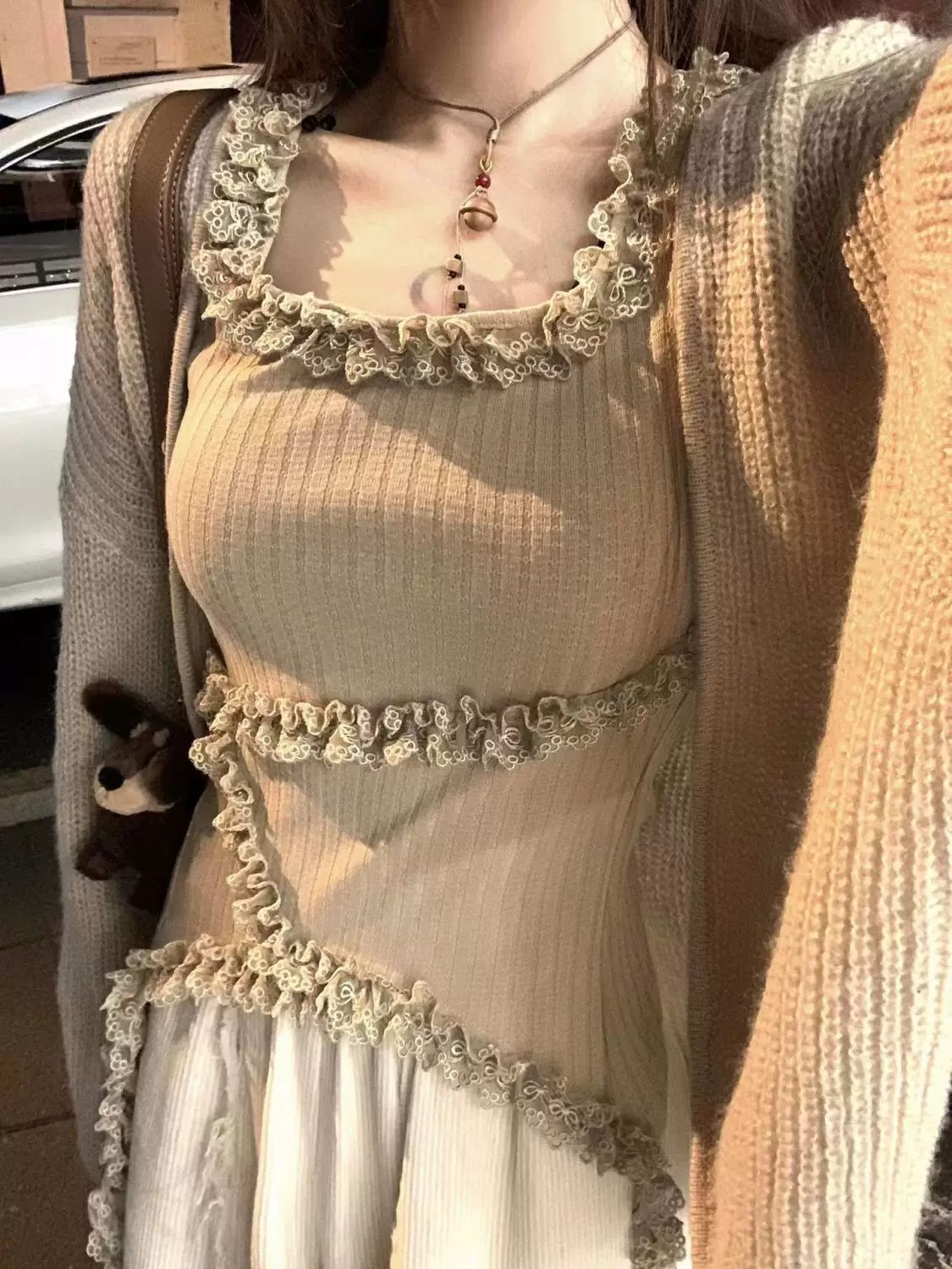 3066秋季新款复古辣妹韩系简约慵懒风花边上衣开衫休闲裤时尚套装