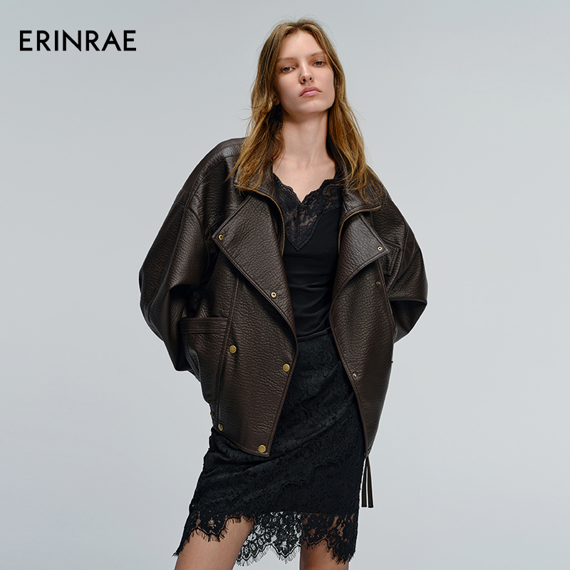 ERINRAE冬季复古摩登翻领皮衣外套廓形重工夹克EH442210PU55