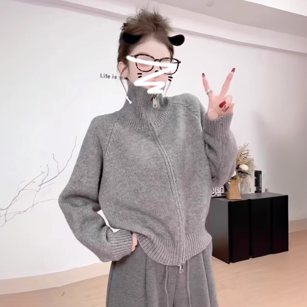 立领纯色秋季毛针织衫连帽加厚针织衫灰色秋冬衫百搭