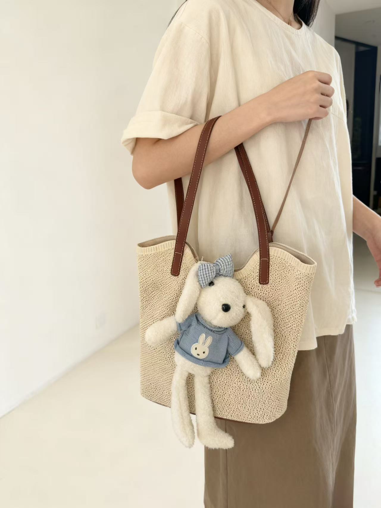 14 耐磨日系百搭敞口单肩包卡通编织单肩托特包日韩熊包