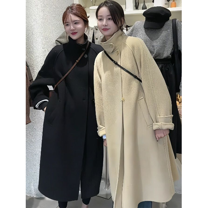 小个子双面羊毛大衣长款秋冬季新款韩版设计感宽松黑色毛呢外套女