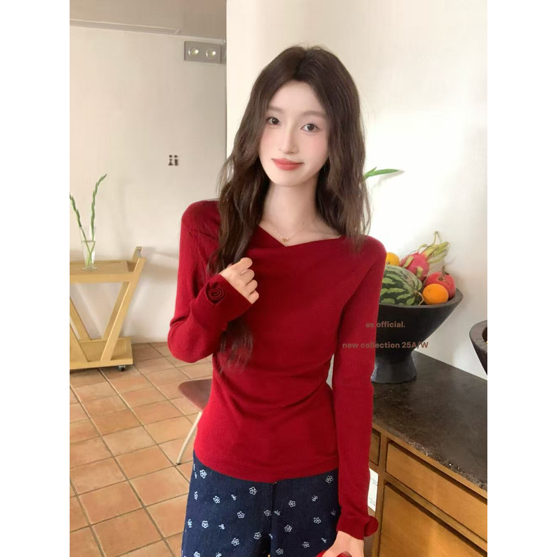 【清仓】早秋设计感花朵不规则荡领针织衫温柔褶皱收腰修身小衫