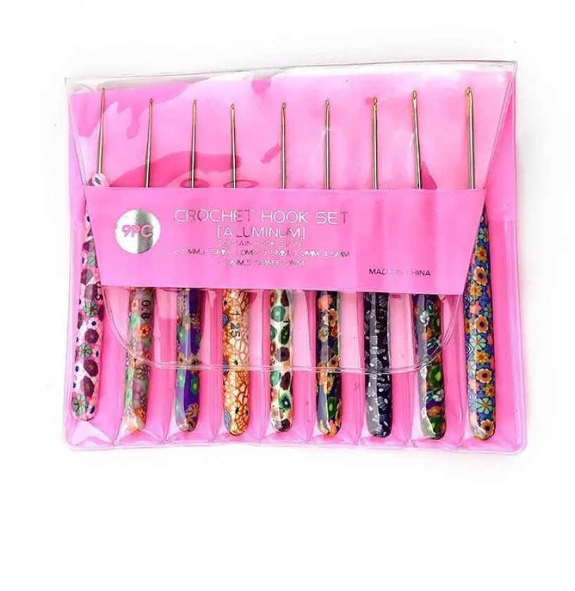 编织工具，软陶花色手柄钩针，0.5-2.5（9 支钩针）
