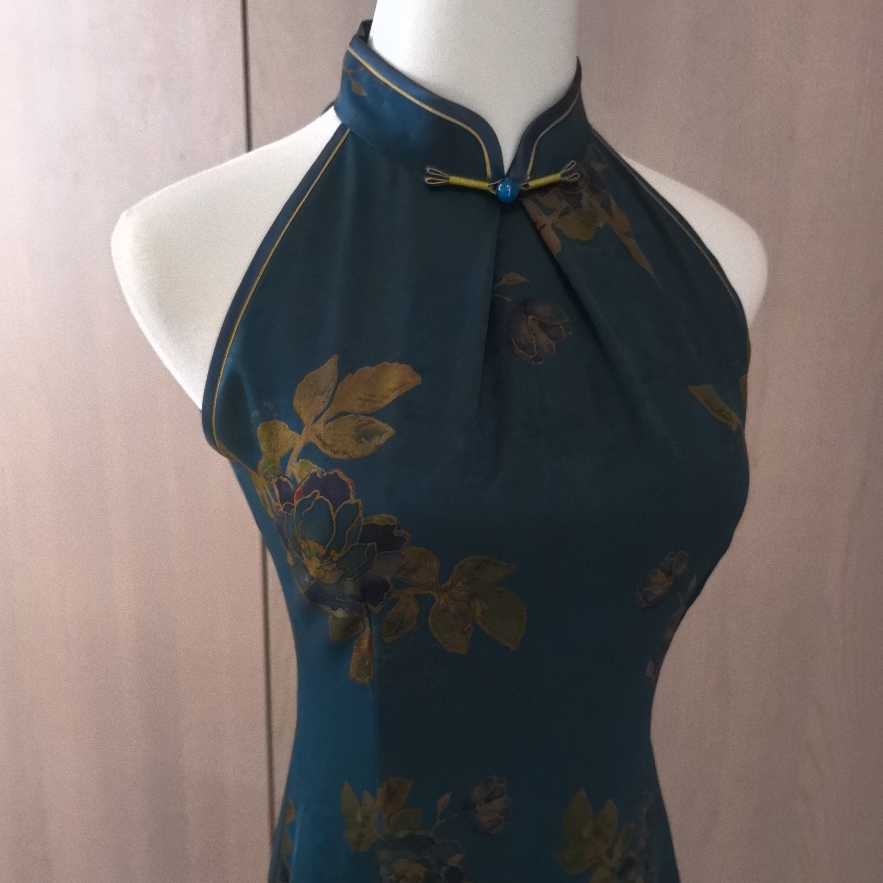 旗袍斜襟长裙单中国风旗袍日常花色短裙网红中长款设计师提花修身