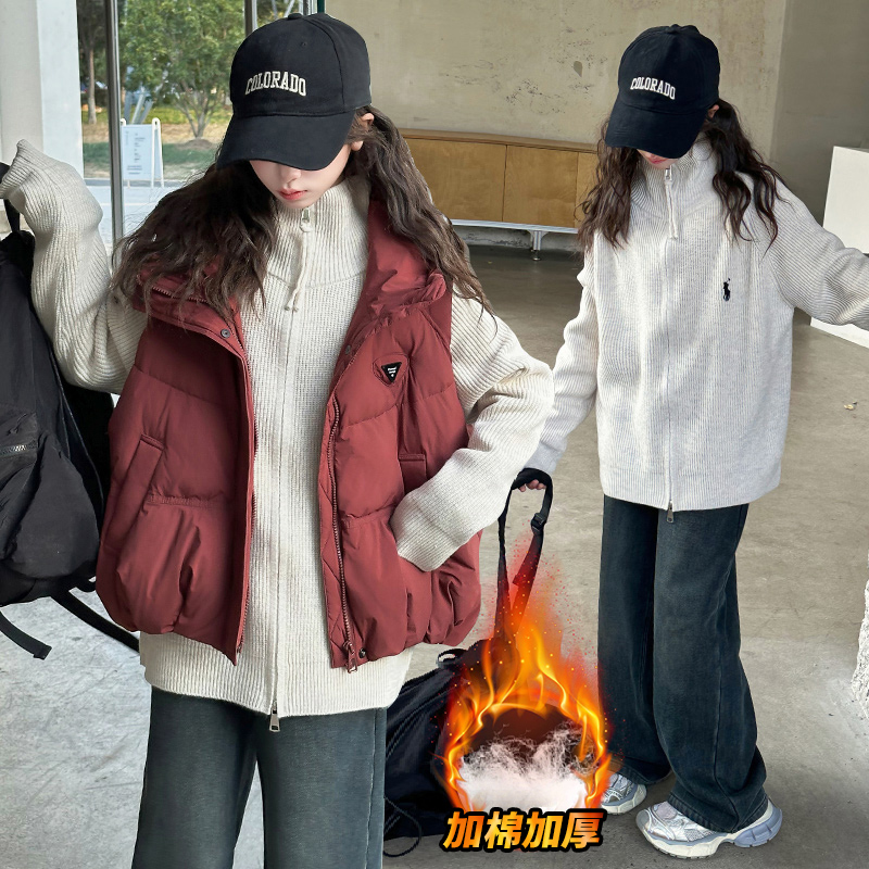 女童马甲套装冬季2025新款中大童洋气毛衣连帽外套加厚牛仔裤套装