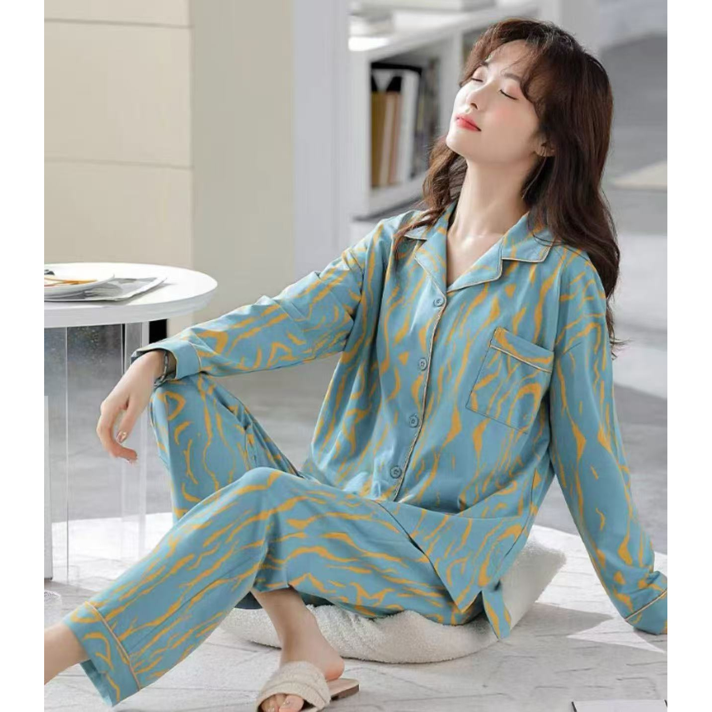 106-女士春秋季蓝衣黄纹理开衫家居服套装