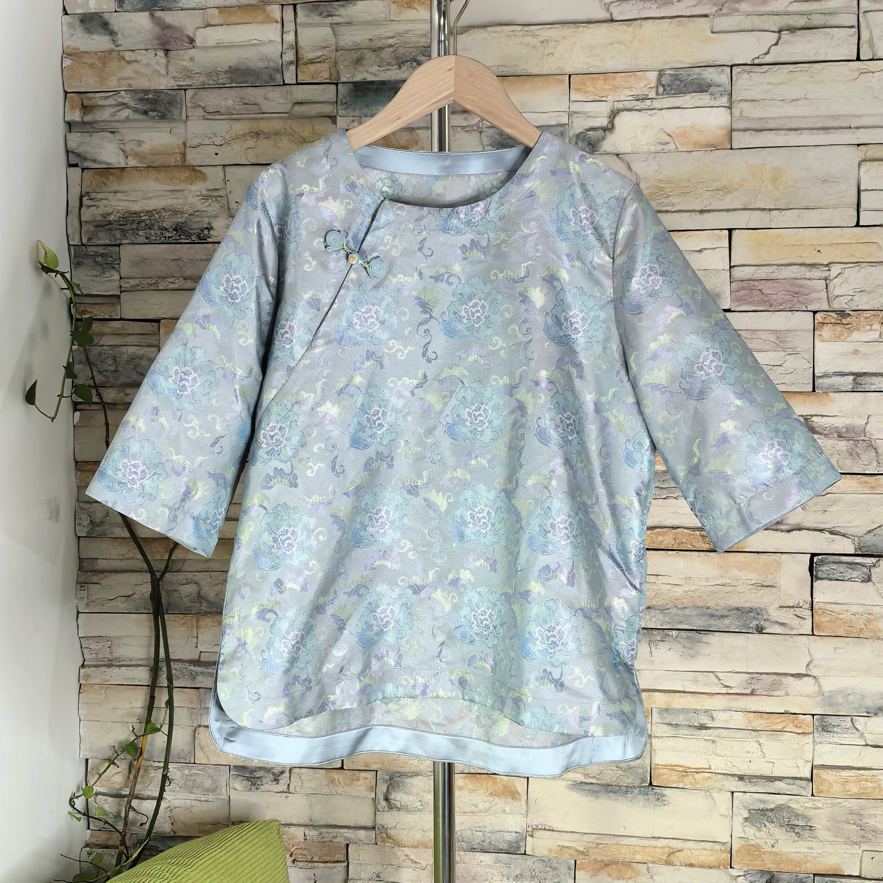 复古国风新中式桑蚕丝提花中袖上衣夏季新款