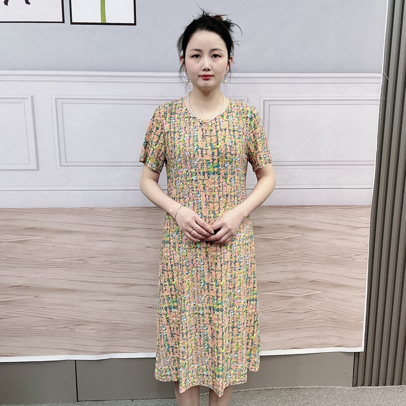夏季新品女士亲肤连衣裙彩虹中长款时尚气质妈妈装休闲裙子