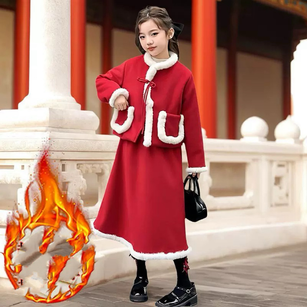 773哈哈家 新年装女童秋冬新款洋气韩版时髦加厚毛呢套装