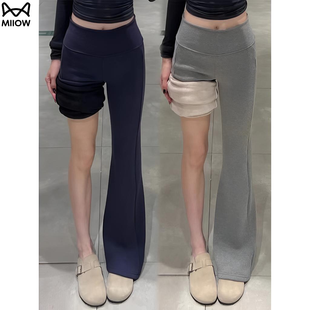 猫人藏青lulu微喇裤女秋冬加绒低腰垂感打底裤小个子运动喇叭卫裤