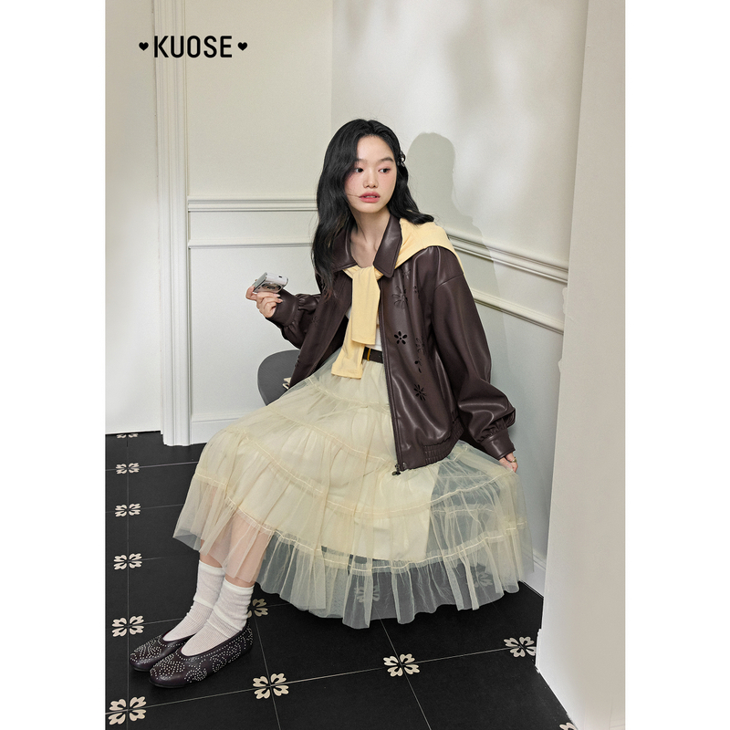 阔色复古棕色镂空皮衣外套女2025秋新款设计感机车夹克KSQ2507001