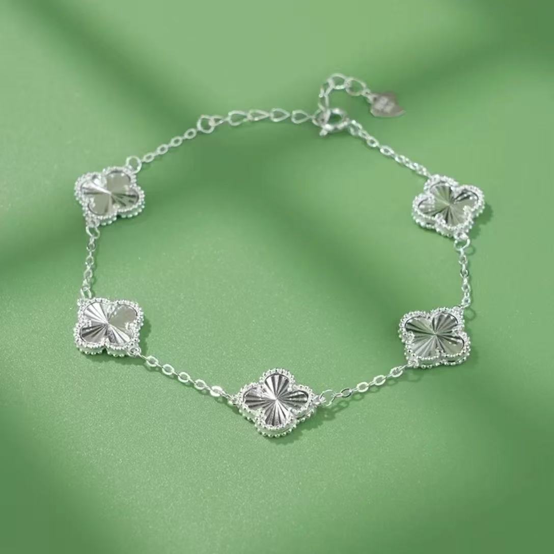 鹿怡 足银手链 约5.2克双面车花四叶草镭射轻奢精致高级感手链