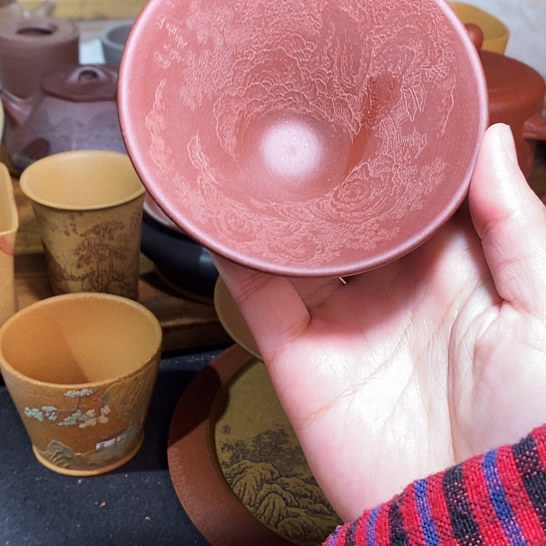 紫砂茶杯内刻紫砂斗笠杯70毫升