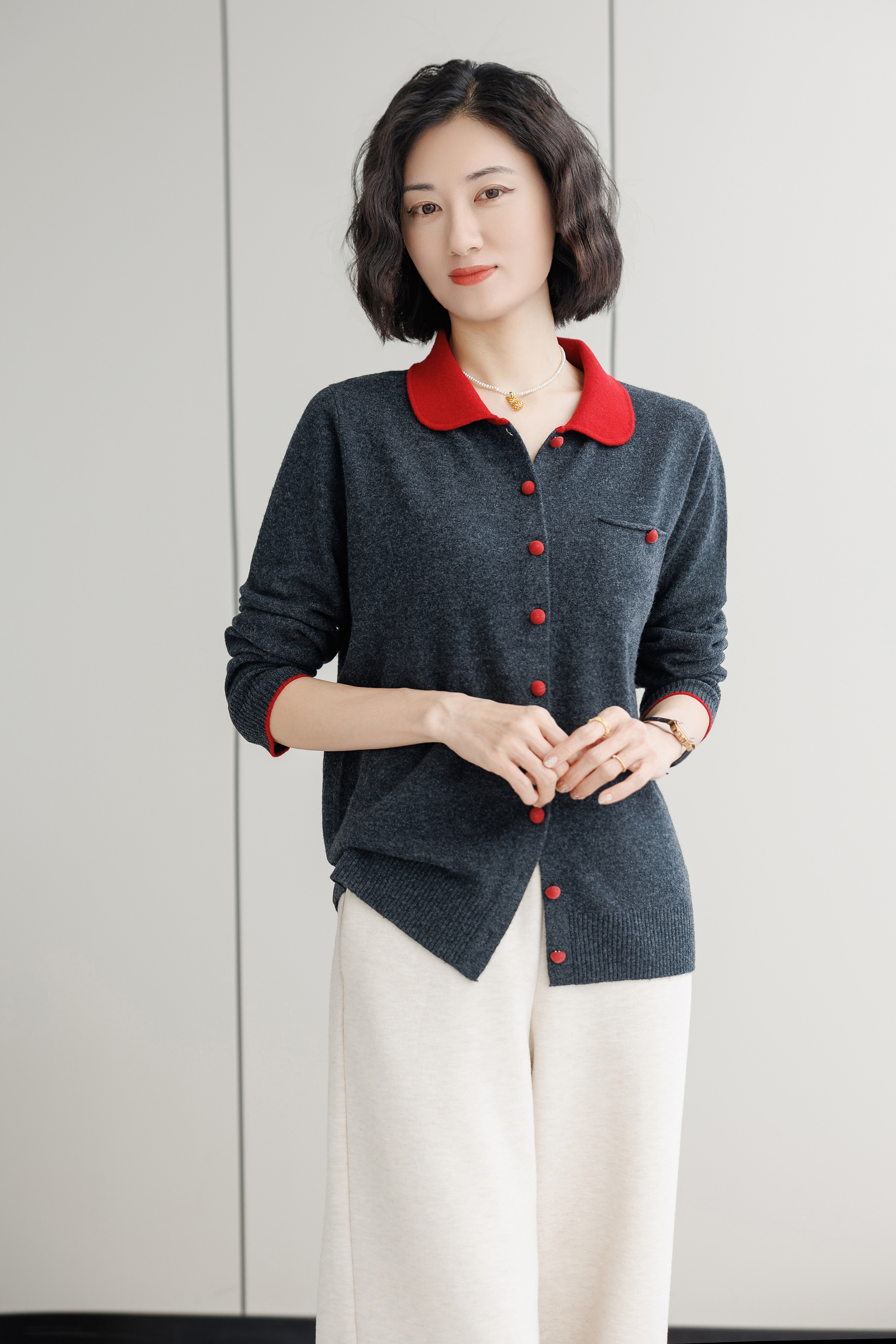 冬季羊毛衫女100%纯红色羊毛大码妈妈女装羊毛打底衫开衫-8850