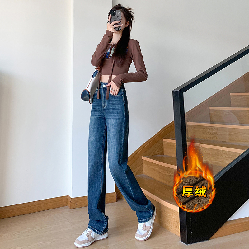 加绒/不加绒 秋冬加绒弹力复古直筒牛仔裤女显瘦窄版裤