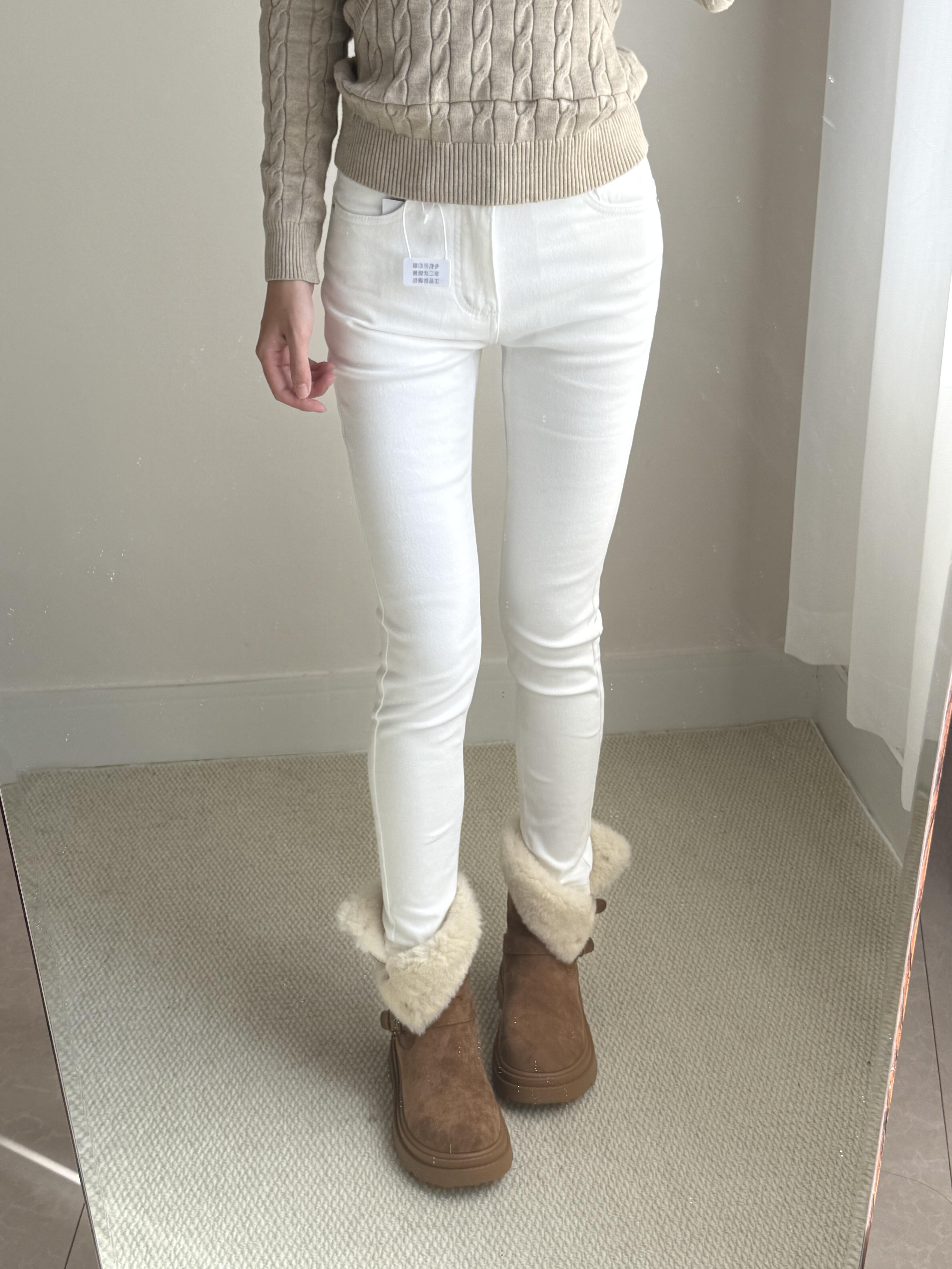 韩女小白裤高腰提臀加抓绒铅笔裤牛仔裤女纯欲白色小脚裤弹力秋冬