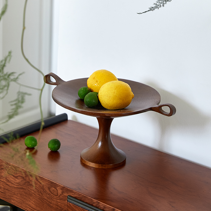 日式高脚实木水果盘轻奢高级感家用客厅茶几摆件木质香薰收纳盘