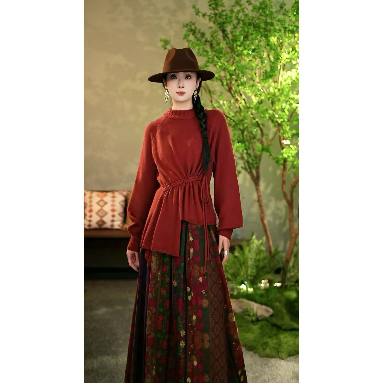 【陶子】~ 绵羊毛复古文艺风毛衣不规则抽绳收腰款上衣302071