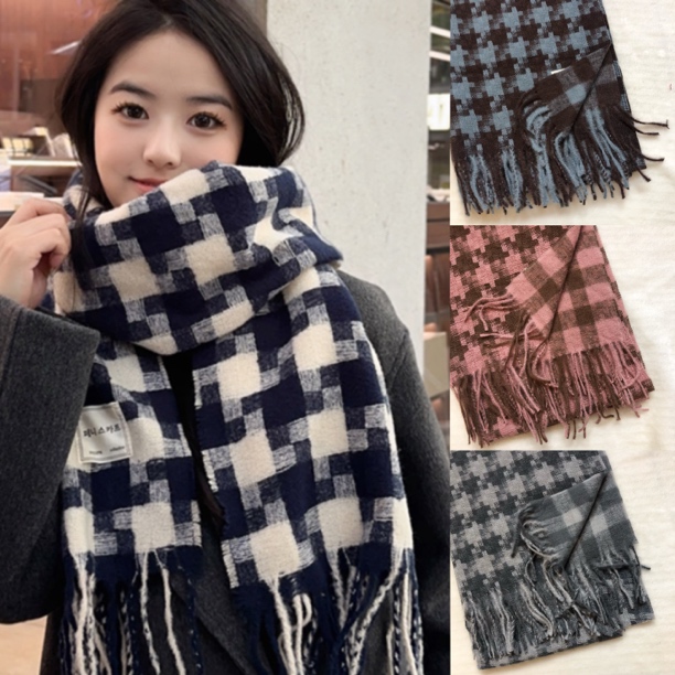 双面千鸟格子围巾-时尚百搭 秋冬保暖学生围脖披肩
