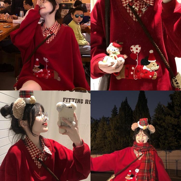 加绒大码300斤个性假两件polo领卫衣男女宽松休闲情侣上衣大红色