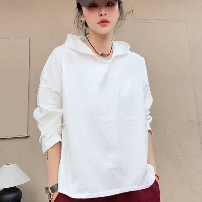 青禾-抗皱连帽秋季不对称T恤常规款套头长袖宽松春秋韩版MM9327