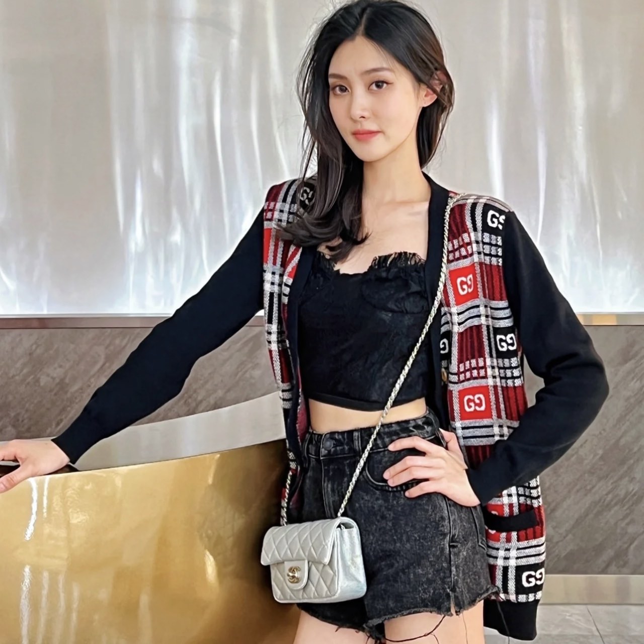 全新未使用 GUCCI/古驰 积分-288汤/P205336729/满印格纹拼接开衫