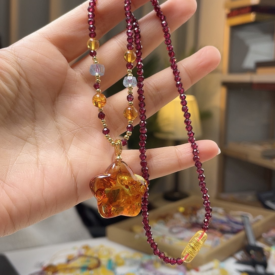 琥珀裸石银S925镀金镶嵌琥珀吊坠