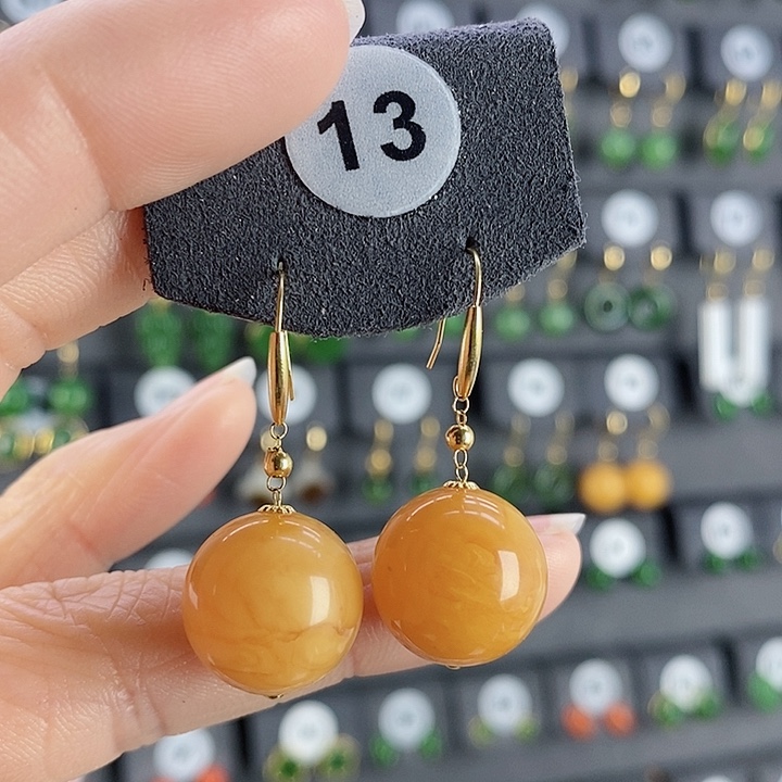 蜜蜡耳饰18K金镶嵌耳饰