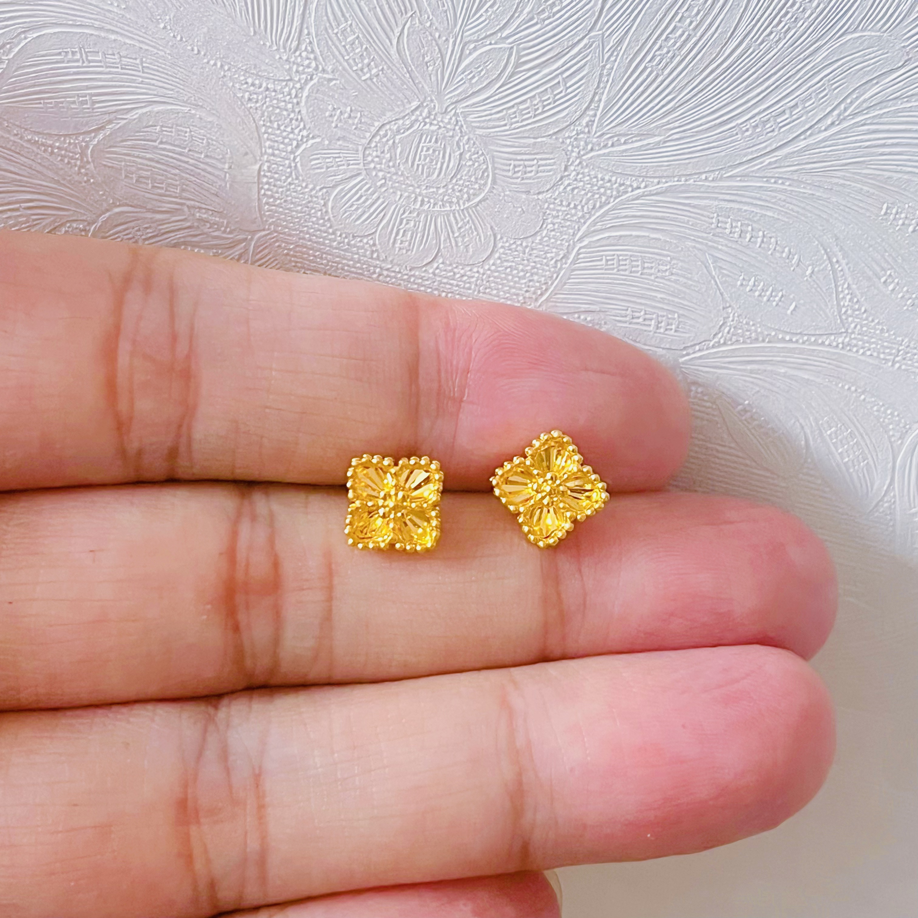 足金999老花四叶草耳钉直针时尚仙女