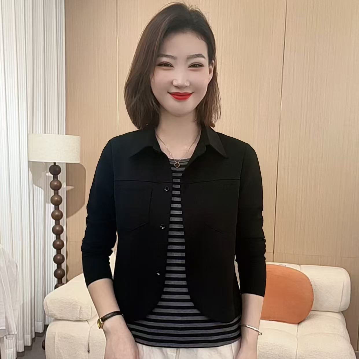  2025秋冬季时尚洋气新款简约纯色翻领套头假两件百搭上衣P2539