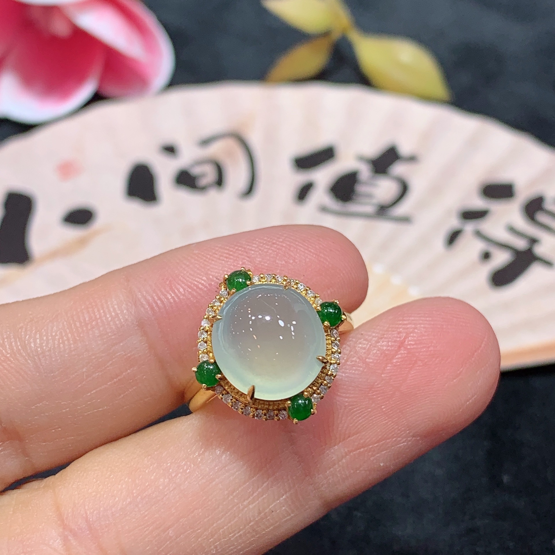 18k金天然A货翡翠蛋面戒指吊坠两用款经典轻奢时尚气质